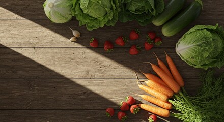 Farm-to-table concept: fresh vegetables on a rustic wooden table, overhead shot
