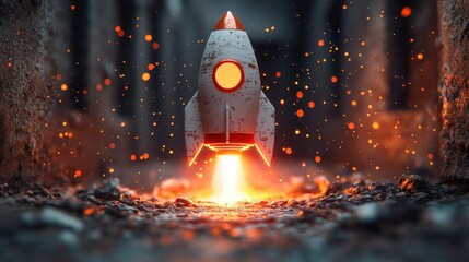 Launch into the cosmos, a vintage rocket embarking on an adventurous journey amidst fiery sparks.  The scene is set in a mysterious, dark setting, evoking a sense of anticipation and wonder.