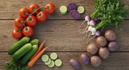 Farm-to-table concept: fresh vegetables on a rustic wooden table, overhead shot
