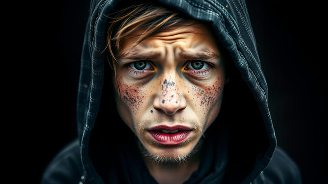 Young and dirty beggar asking for some money, Portrait of young beautiful homeless concept on black background