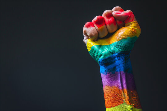 Copy Space of a Raised Fist in Pride Colors Representing LGBTQ Resistance, Equality, and Empowerment During Celebrations of Queer Identity