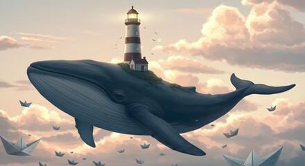 Dreamy whale illustration with lighthouse and paper boats in the sky fantasy art wallpaper image hd