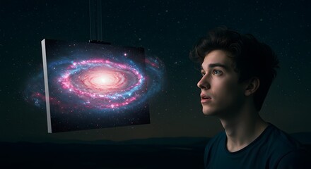 Fototapeta premium Man looking at galaxy artwork hanging in dark room space art cosmic exploration astronomy print wall decor
