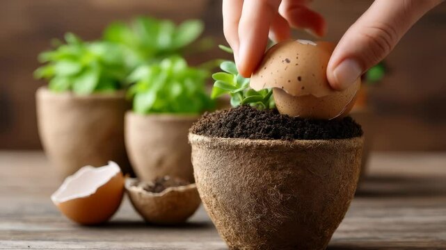 Hand planting green seedling soil inside biodegradable eggshell pot with care, eco friendly garden growth and natural planting