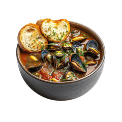 Fototapeta premium Delicious Mussel Soup with Crusty Bread in a Rustic Bowl
