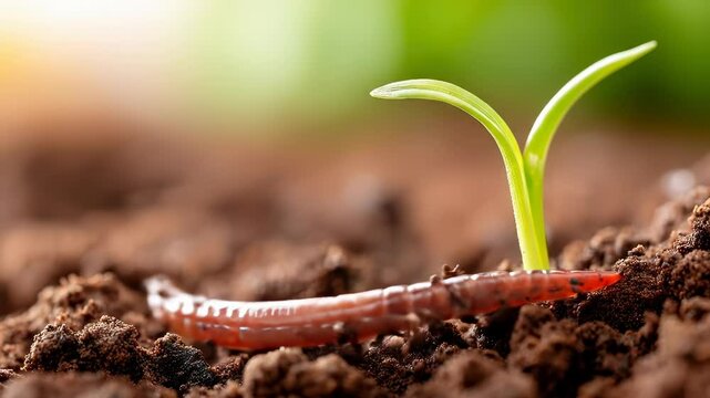 Young green sprout seedling growing in fertile soil with earthworm close up showing nature growth and life