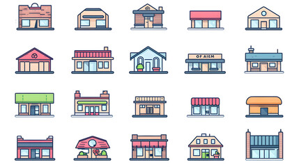Shop Building Concept Colorful Linear Icons: Modern Commercial Storefront Symbols Set for Business, Retail, Buying, Selling, E-commerce, Marketplace Design Projects