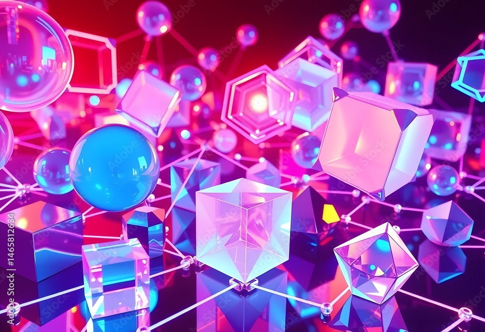 Fototapete abstract holographic design, a stunning display of glowing shapes, cubes, and spheres. neon reflecti