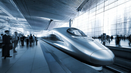 Modern high-speed train at station with futuristic architecture and blurred commuters