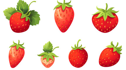 Set of Isolated Flat Vector Strawberry Illustrations with Leaves for Graphic Design Projects