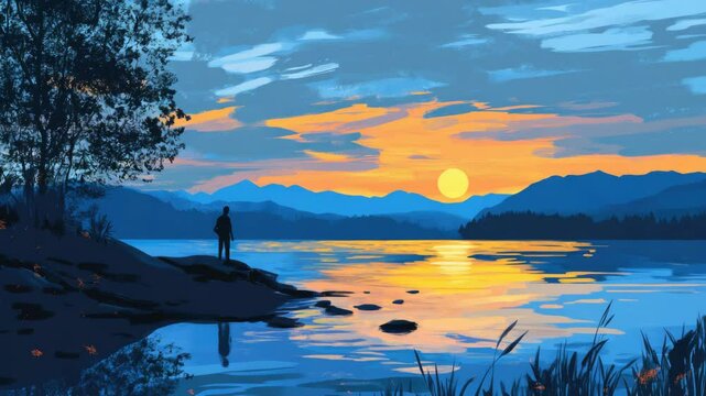 Serenity at sunset by the lake, silhouette of a person gazing over calm waters, vibrant colors in the sky, tranquil landscape, contemplation on blue monday.