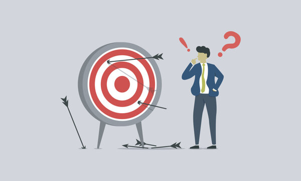 Businessman confused about wrong target plan or not accurated business plan. business strategy target plan to get audiences or increase income for company. vector business illustration flat design