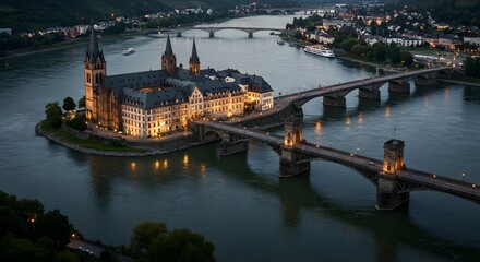 Fototapeta premium Island Castle with Bridge at Night