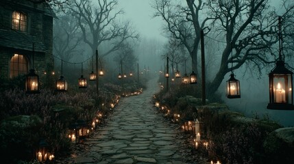 Fototapeta premium Enchanted Pathway Illuminated by Lanterns in a Mystical Forest Setting