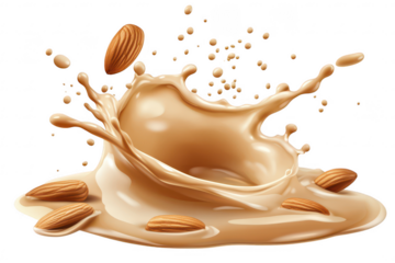 Almonds splashing into beige almond milk with dynamic motion and detailed droplets, isolated on a transparent background