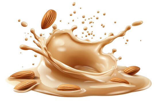 Almonds splashing into beige almond milk with dynamic motion and detailed droplets, isolated on a transparent background