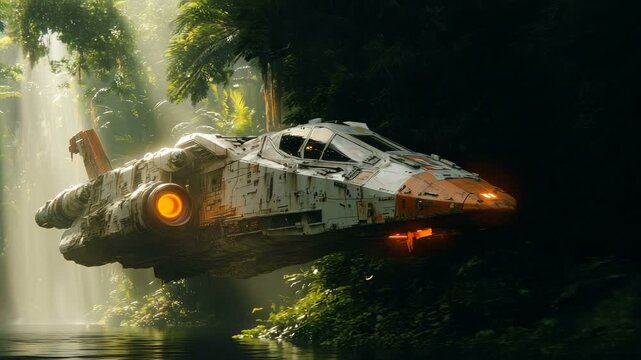 A Futuristic Spacecraft is Hovering Gracefully Above a Lush Jungle Environment Filled with Exotic Flora and Fauna