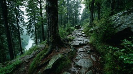 Fototapeta premium Enchanting Forest Pathway Amidst Lush Greenery and Serene Waters