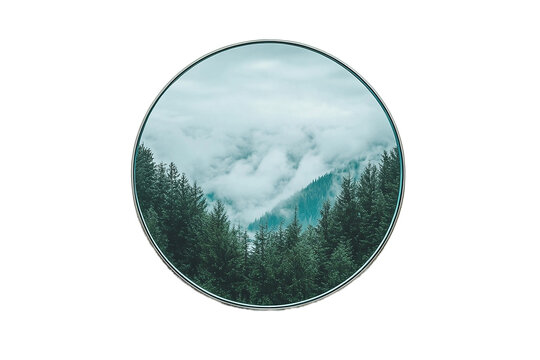 Round mirror reflecting minimalist serene design.