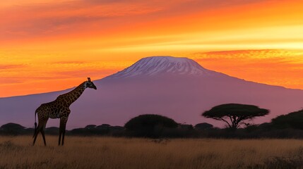 Majestic Giraffe Silhouette against Kilimanjaro's Snow-Capped Peaks - Stunning African Wildlife Profile at Sunset