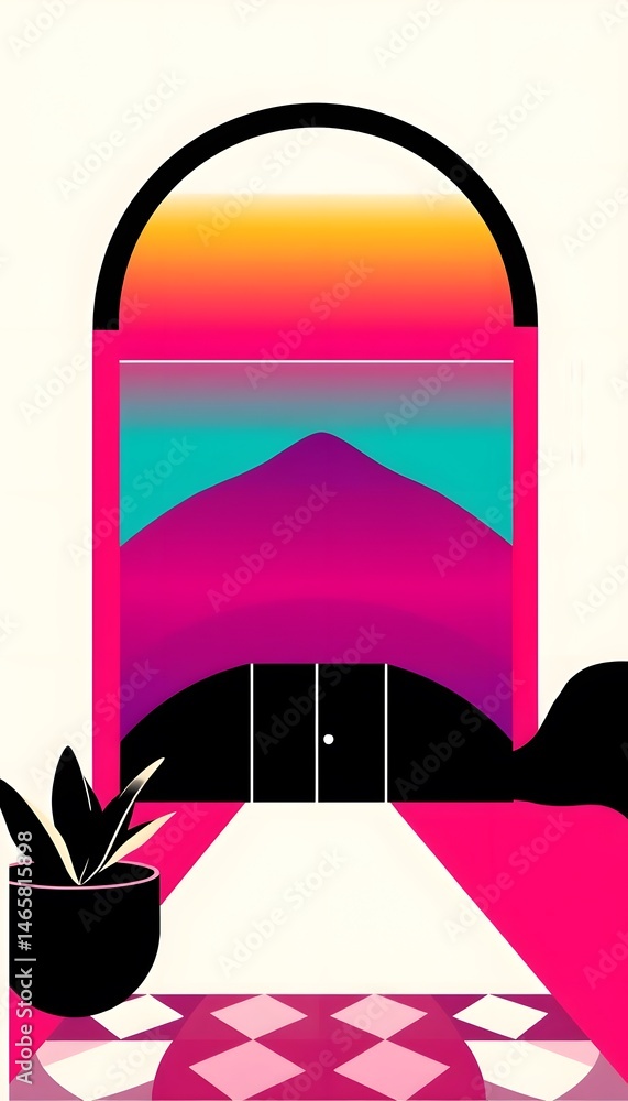 Poster Retro-modern Design Illustration, A Vibrant Abstract Background With Geometric Patterns. This Stylish Artwork Blends Black And White With Colorful Gradients. Creating A Visually Striking Composition,