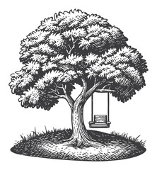 Fototapeta premium Vintage Hand-Drawn Tree With Swing in Black and White Style