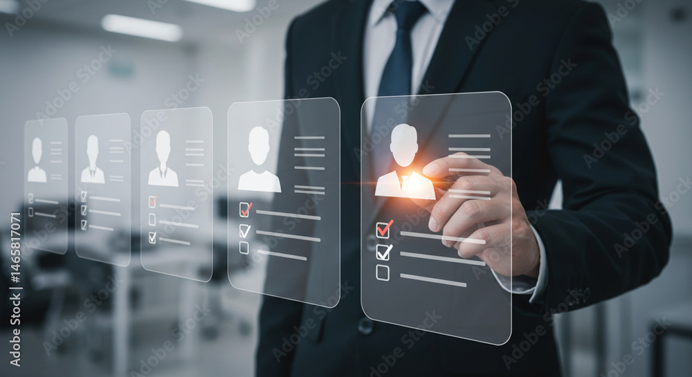 Poster a businessman selecting a candidate from a virtual interface with profile icons and checkmarks displ
