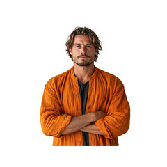 Confident Man with Arms Crossed Wearing Stylish Orange Linen Shirt