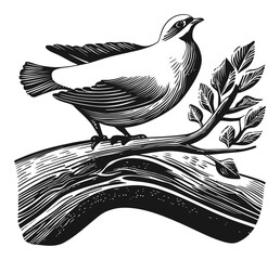 Naklejka premium Elegant Bird Illustration on Branch in Black and White Vector Design
