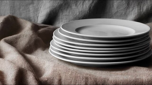 A stack of clean, white plates on a textured cloth 