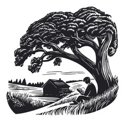 Naklejka premium Tranquil Scene with Tree and Reader Sitting Underneath for Relaxation