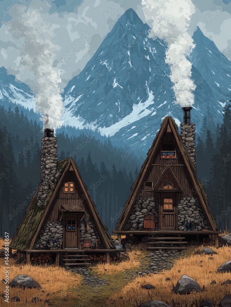 Aufkleber cozy mountain cabins with smoke rising from chimneys surrounded by majestic peaks and lush forests i