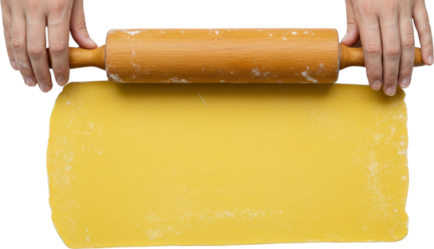 Rolling Pin and Yellow Dough Hands Kneading Pastry for Baking