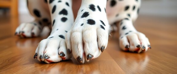 close up of a dog's paws on a wooden floor
