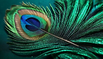 Obraz premium A stunning macro captures the iridescent details of a peacock feather in vibrant emerald hues.