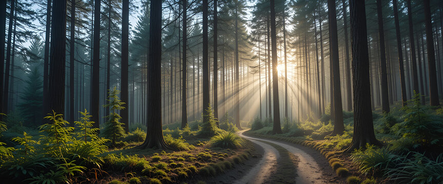 Serene forest path with tall pine trees and morning light filtering through