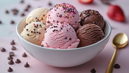 Ice cream scoops with bowl, and sprinkles.
