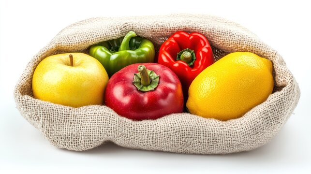 Colorful fruits and vegetables nestled in a burlap sack A yellow apple, green bell pepper, red bell pepper, red tomato - Powered by Adobe