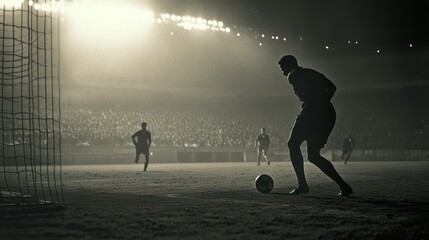 Vintage football match under stadium lights with silhouetted players in action