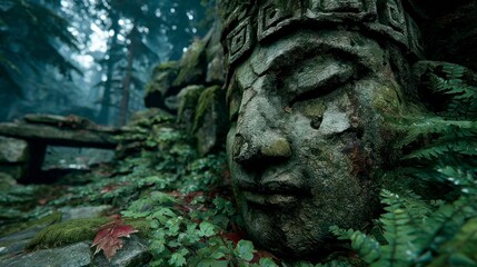 Stone Face in Lush Forest Ancient Ruins Mystical Jungle Setting