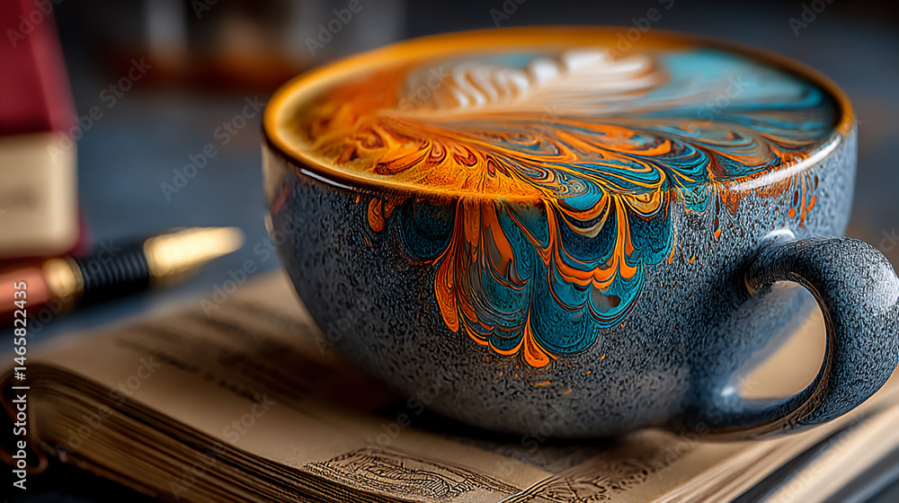 Poster a 3d rendering of a cup of coffee featuring unique latte art with intricate lines and shapes, placed