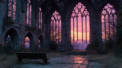 Fototapeta premium Sunset Through Gothic Ruins A Serene and Mystical Scene with Natures Embrace