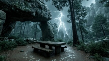 Thunderstorm Over a Serene Forest with Wooden Bench and Rock Formation