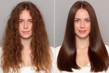 a dramatic studio shot showcasing the extreme transformation of dull, damaged brown hair into incredibly shiny, smooth