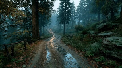 Fototapeta premium Winding Forest Pathway with Misty Atmosphere and Lush Vegetation