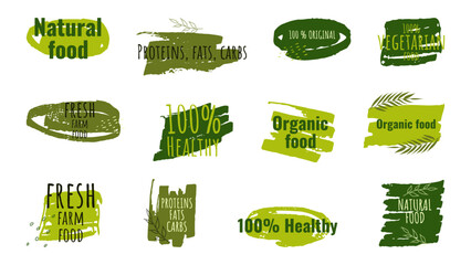 Healthy food labels badges logos Eco stickers. For farmer market eco food vegetarian menu food package. Ecology friendly design. Organic Food, Vegan, Farm Fresh, Natural Product. Vector illustration.