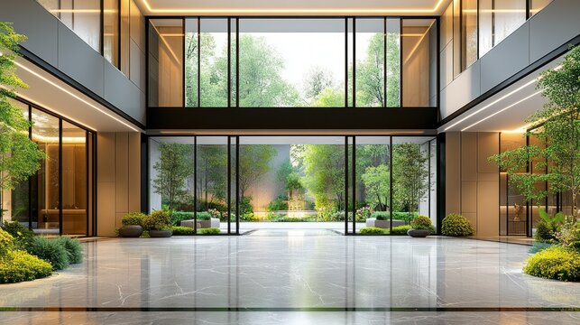 Modern, open-plan atrium with lush greenery, showcasing a tranquil courtyard garden