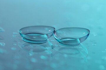 Pair of contact lenses and water drops on color mirror surface, closeup