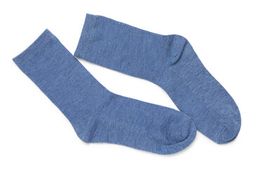 Pair of blue socks isolated on white, top view