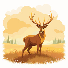 Capture the serene beauty of a majestic stag with large antlers standing in a misty, golden field  isolated on white background
